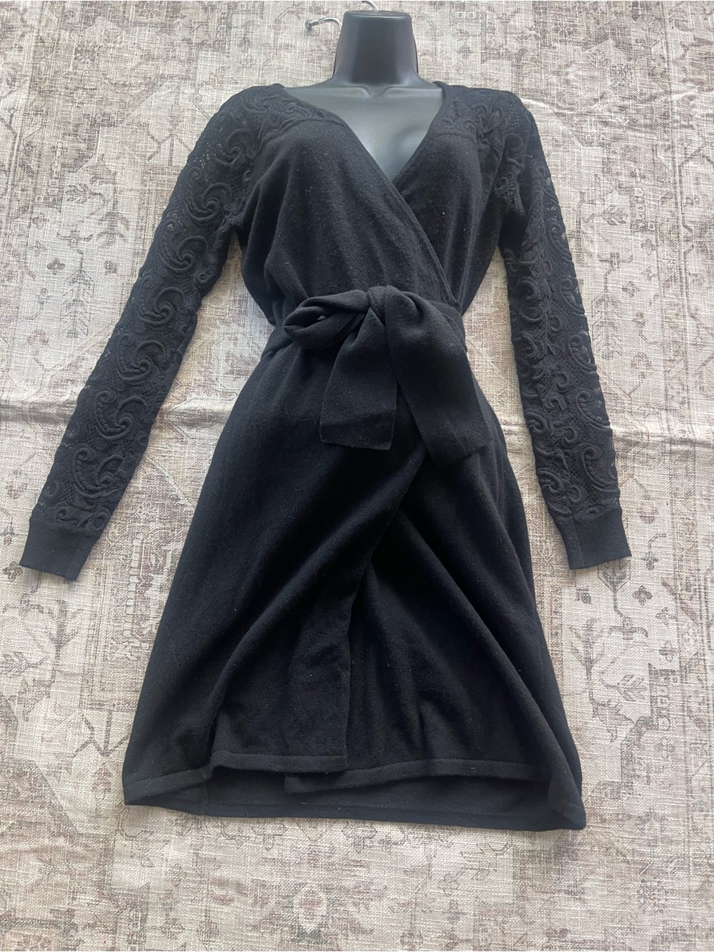 Diane Von Furstenberg Black Knit Wrap Dress with Embroidered Sleeves